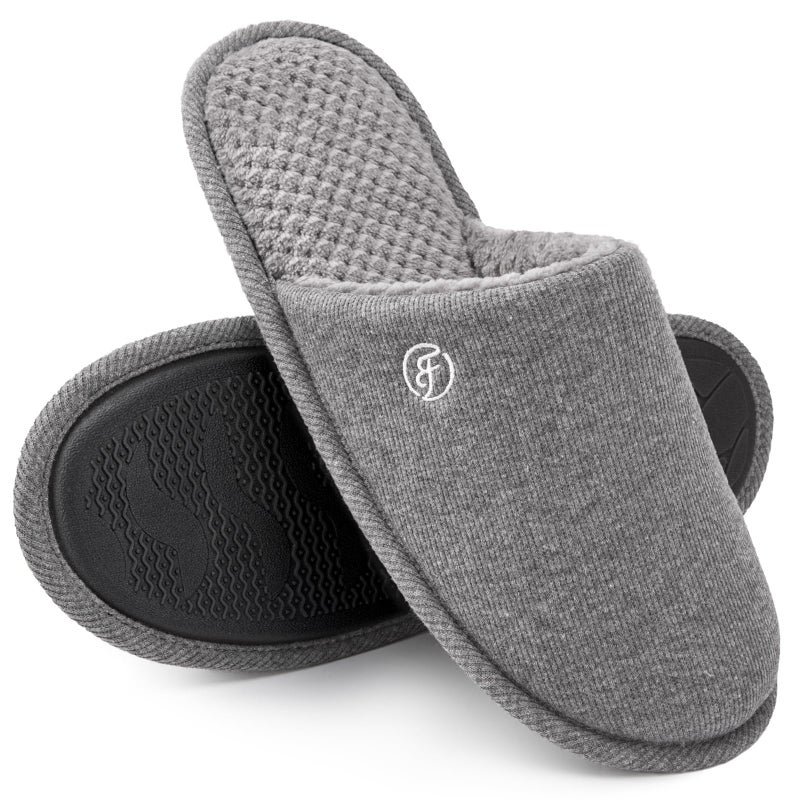 EverFoams Men's Cotton Knit Slippers Lightweight Memory Foam Indoor House Shoes with Anti-Skid Sole (11-12 M US, Grey) - Image 1